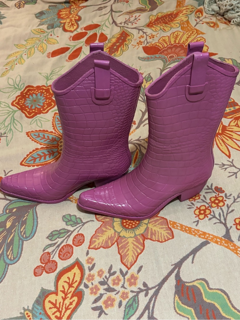 Purple Croc-Embossed Western Ankle Boots
